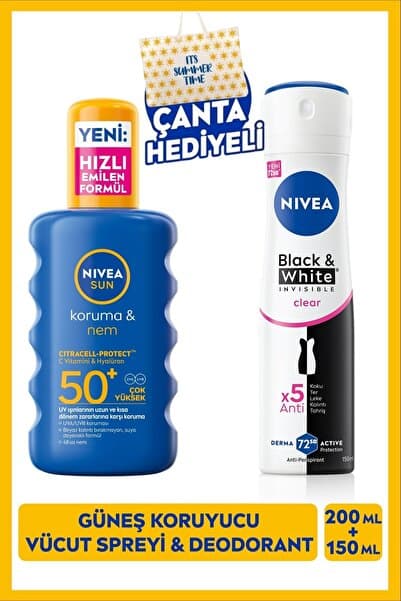 NIVEA SUN SPF50 Güneş Koruyucu Vücut Spreyi 200ml ve Deodorant Black&White Invisible Clear, Çanta Hediye