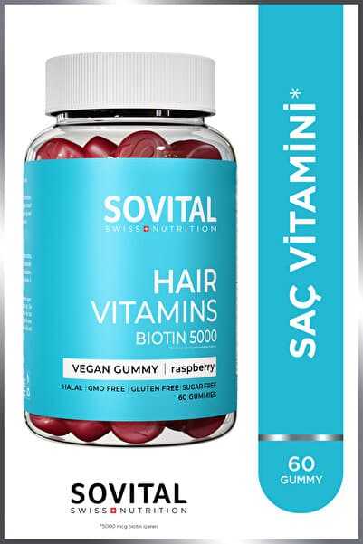 SOVITAL Hair Biotin 5000 mcg Ahududu Aromalı Şekersiz Çiğnenebilir Saç Vitamini 60 Gummy