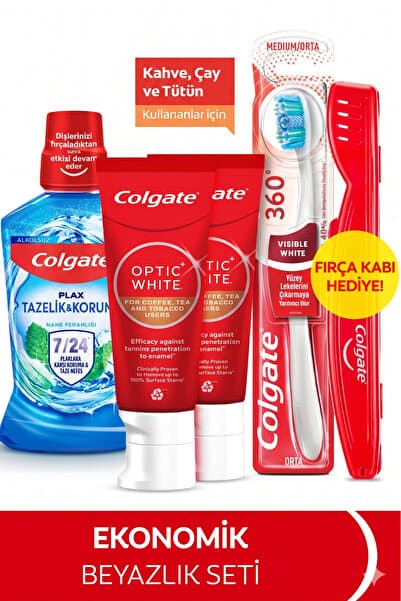 Colgate Optic White Kahve, Çay Kullananlar 50ml 2'li Diş Macunu, Orta Diş Fırçası, Ağız Bakım Suyu 500ml