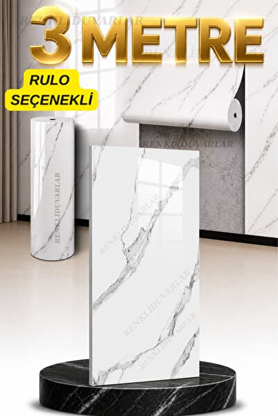 Renkli Duvarlar Shiny 30x60 cm Beden Seçenekli Parlak Beyaz Mermer Desenli Yapışkanlı Duvar Paneli Kağıdı Kaplama