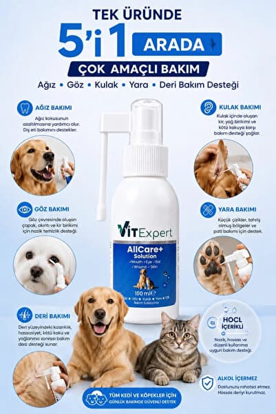 Vitexpert AllCare+ Kedi & Köpek Çok Amaçlı 5'i 1 Arada Bakım Spreyi Hijyen Temizleme Solüsyonu Kulak Göz Çevresi Yüz Ağız Diş Eti Deri Pati Yara Bakımı Günlük Kullanım İçin Temizleme Solüsyonu Spreyi 100 ML