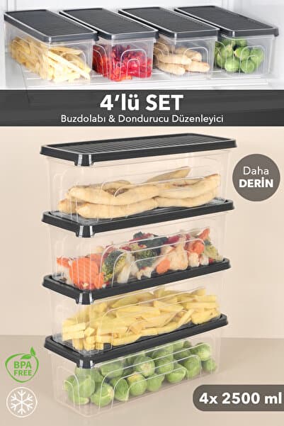 Meleni Home 4'lü Buzdolabı Düzenleyici Saklama Kabı - Derin Mikrodalga Difrize Uygun Buzluk Kabı 4x2500ml