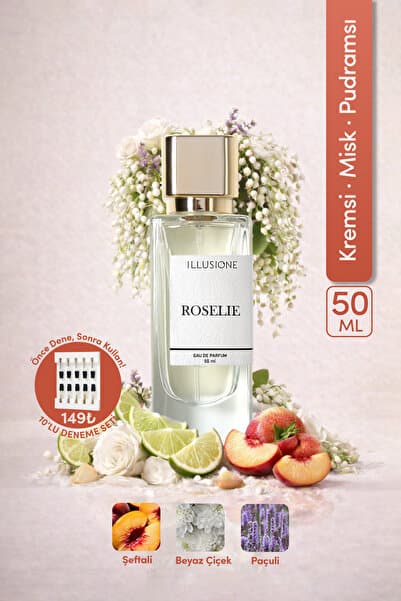ILLUSIONE FRAGRANCE Roselie EDP Kadın Parfüm 50ml | Kremsi-Misk-Pudramsı | Şeftali, Beyaz Çiçek, Paçuli