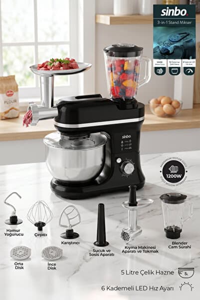 Sinbo SMX-2772 Çok Amaçlı 3ın1 Mutfak Şefi Hamur Yoğurma Kıyma Makinesi Sürahi Blender 1200w