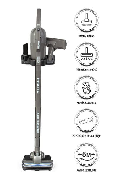 Pratic Aır Power P 1250 Antrasit Torbasız Dönebilen Turbo Başlıklı Dikey Süpürge