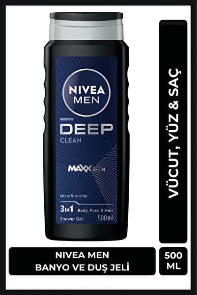NIVEA MEN Erkek Deep Clean Banyo Ve Duş Jeli 500ml, Vücut Saç Yüz, Erkeksi Koku, Derinlemesine Temizlik