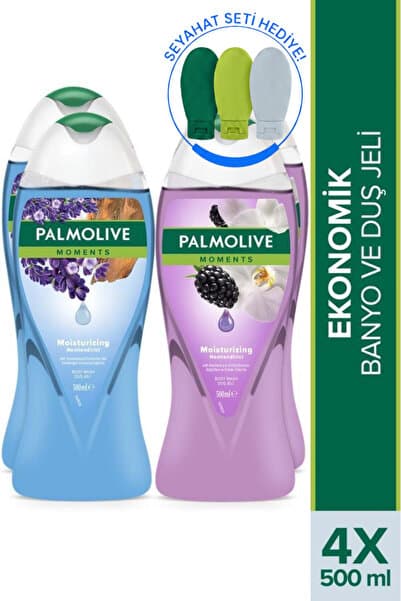 Palmolive Moments Nemlendirici Banyo ve Duş Jeli 500 ml x4 Adet Vücut Şampuanı + Seyahat Kiti Hediye