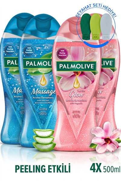 Palmolive 500 ml 4'lü Peeling Etkili Duş Jeli Seti Vücut Şampuanı Banyo Jeli + Seyahat Kiti Hediye