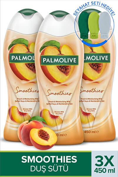 Palmolive Smoothies Şeftali Duş Jeli 450 ml x3 Vücut Şampuanı Banyo Jeli Vücut Bakımı + Seyahat Kiti Hediye