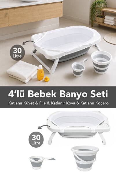 Meleni Baby 4'lü Katlanır Bebek Banyo Seti - Katlanabilir Bebek Küveti, Su Kovası, Maşrapa Seti, File Hediye Gri