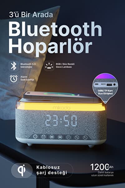 Mikado Bluetooth Hoparlör MD-W10 1200mAh Kablosuz Şarj, Alarmlı Saat ve RGB Gece Lambası Özellikli