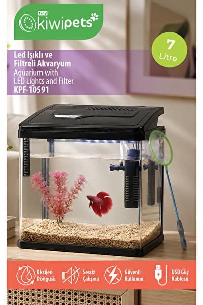 Tiny Kiwipets KPF-10591 LED Işıklı Akvaryum | Filtreli & USB Aydınlatma & Kompakt Tasarım