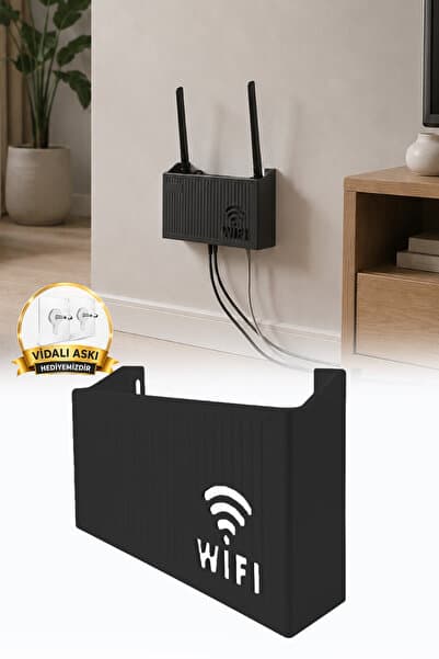 Siyah WiFi Duvara Asılabilir Vidalı Askı Yapışkanlı Modem Kutusu Router Rafı 25x15x6 cm