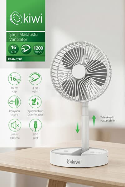 Kiwi Kfan-7608 Şarjlı Beyaz Katlanılabilir Mini Fan Masa Üstü Vantilatörü Usb Soğutucu Sessiz El Fanı