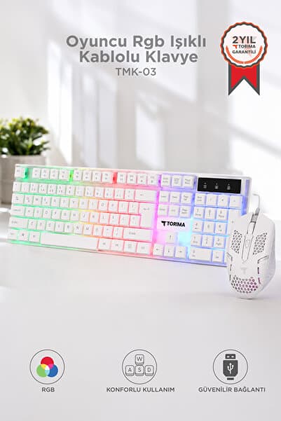 Oyuncu Rgb Işıklı Kablolu Q Klavye Ve Mouse Seti TMK03 Beyaz