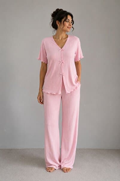 BELLA NOTTE Mevsimlik V Yaka Pamuklu Fiyonk Detaylı Pijama Takımı