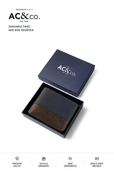 AC&Co / Altınyıldız Classics Erkek Lacivert-Kahverengi Hediye Kutulu Kart ve Kağıt Para Bölmeli Cüzdan (Damat Bohçası/Çeyiz Seti)