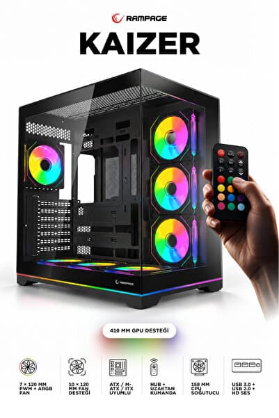 Rampage KAIZER Kumandalı 7*12cm ARGB Fan+Kontrolcü PWM Fanlı ATX/M-ATX Siyah Oyuncu Kasası
