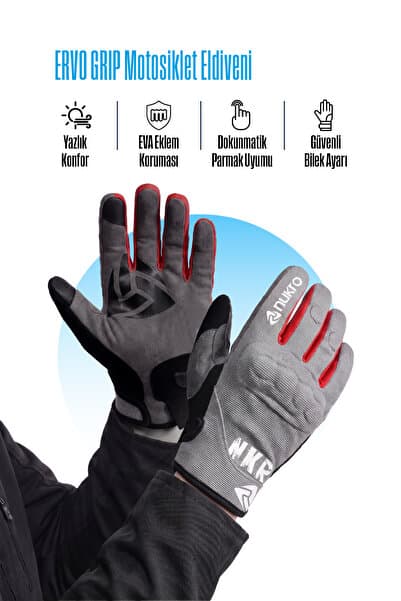 nukro wear NUKRO Ervo Grip Gri Yazlık Motosiklet Eldiveni CE Belgeli Korumalı Dokunmatik
