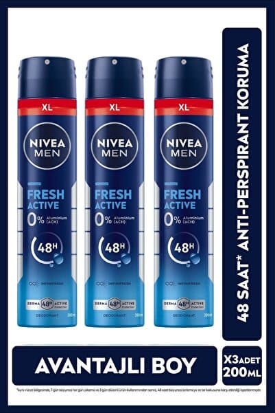 NIVEA MEN Erkek Sprey Deodorant Fresh Active 200ml, 48 Saat Ter Koruması, Avantajlı Boy, X3 Adet