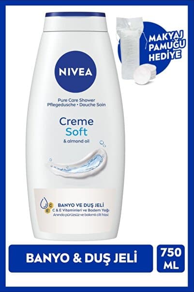 NIVEA Creme Soft Banyo Duş Jeli 750ml, C ve E Vitamini, Badem Yağı, Nemlendirici, Pamuk Hediyeli