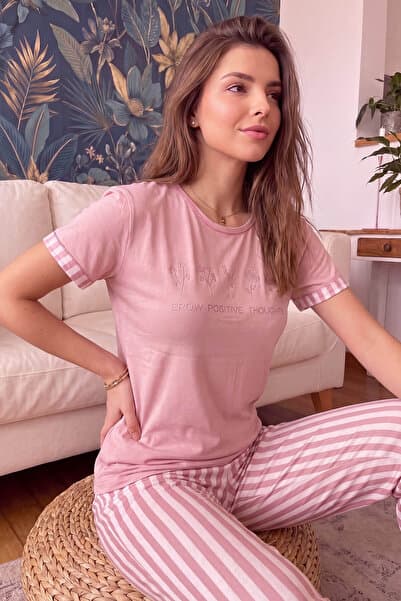 Pijamaevi Pudra Positive Desenli Bambu Kısa Kol Kadın Pijama Takımı