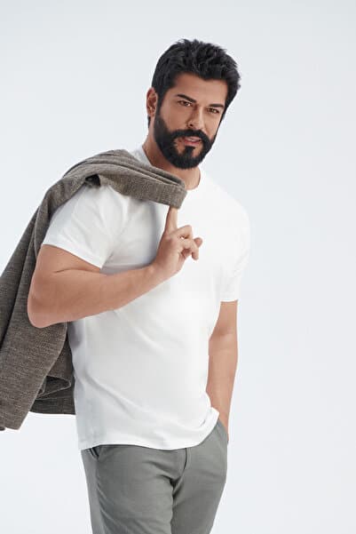 Erkek/unisex Beyaz %100 Pamuk Slim Fit Dar Kesim Bisiklet Yaka Basic Tişört