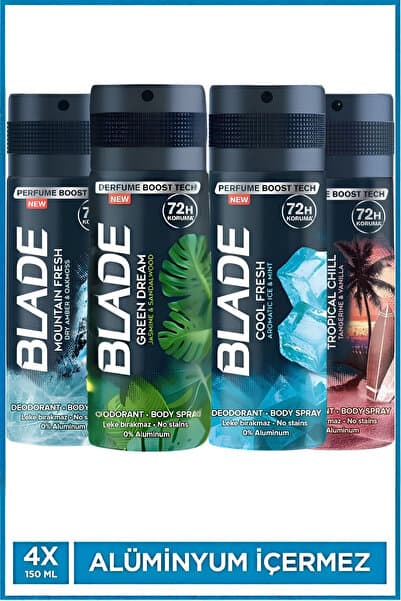 Blade Erkek Deodorant 4x150 Ml (Cool Fresh,Tropical Chill,Mountain,Green Dream) Hızlı Kurur,Leke Bırakmaz