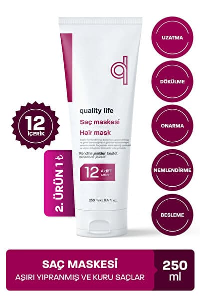Quality Life 12 Aktifli Saç Bakım Maskesi Yanmış Yıpranmış Kuru Saçlar İçin Nemlendirici Onarıcı Hızlı Saç Uzatma