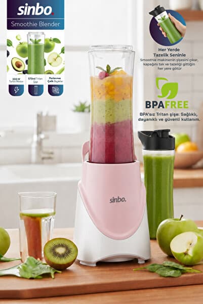 Sinbo SHB-7508 300W Smoothie Blender |Paslanmaz Çelik Bıçaklı, 570 ml Tritan Sporcu Matarası-Pembe