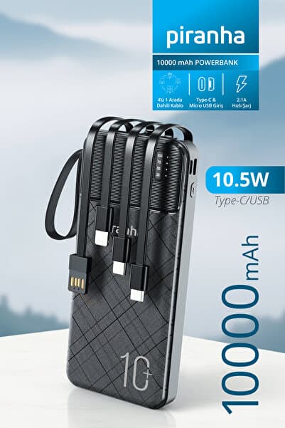 Piranha 9046 10000 MAh Powerbank Dijital Ekranlı| Çoklu Kablolu Taşınabilir Şarj Aleti | 2.1A Hızlı Şarj