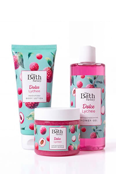 THE BATH FACTORY Liçi Aromalı Duş Jeli + Liçi Aromalı Peeling + Liçi Aromalı Vücut Losyonu