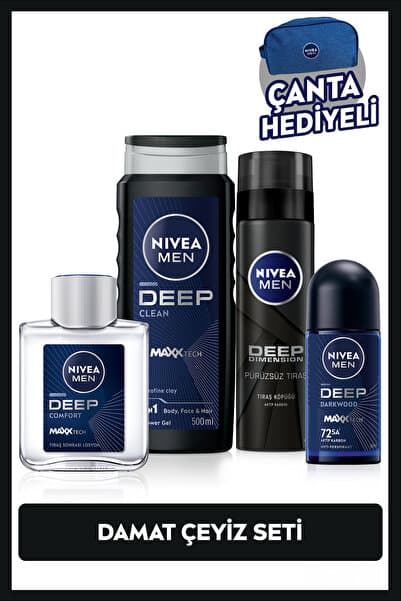 NIVEA MEN Erkek Bakım Damat Çeyiz Seti, Duş Jeli, Roll-on Deodorant, Tıraş Köpüğü ve Nemlendirici Losyon