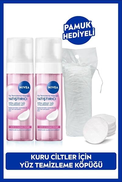 NIVEA Yatıştırıcı Yüz Temizleme Köpüğü 150ml, Kuru ve Hassas Cilt, Hyaluronik Asit, X2Adet, Pamuk Hediyeli