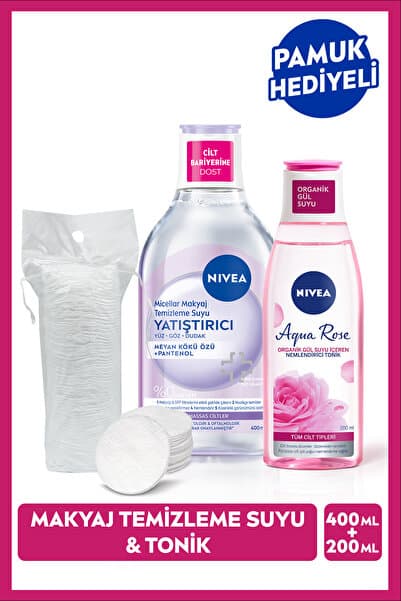 NIVEA Yatıştırıcı Micellar Makyaj Temizleme Suyu Ve Aqua Rose Tonik 200ml, Pamuk Hediyeli Çeyiz Seti
