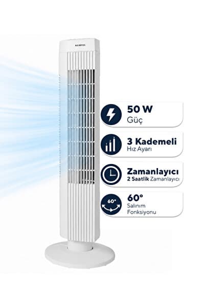 KUMTEL KTF-258W Kule Tipi Beyaz Vantilatör – 50W, Zaman Ayarlı, 3 Hız Kademeli, Sessiz Çalışma