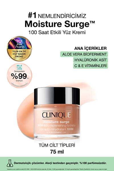 Clinique Moisture Surge™ 100 Saat Etkili Nemlendirici Yüz Kremi 75ml | Aloe Vera Bioferment, Hyalüronik Asit