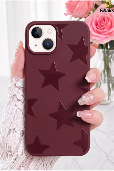 Fibaks iPhone 13/14/15 Kılıf Bordo Kabartmalı Star Yıldız Desenli Kadifemsi Yumuşak Dokulu Silikon Darbe Emici Klasik Silikon Kapak