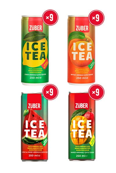 Züber Ice Tea Soğuk Çay Deneme Paketi 250ml x 36 Adet (Limon, Şeftali, Karpuz&Nane, Mango)