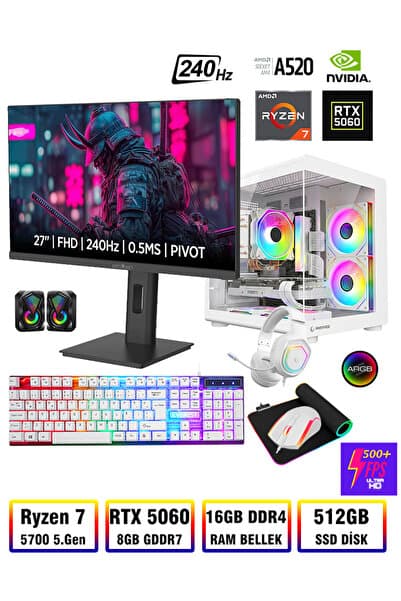 Zeiron Damage X40 Ryzen 7 5700 16GB Ram 512GB M.2 Nvme SSD RTX5060 8GB 27" 240Hz Oyuncu Masaüstü Bilgisayar