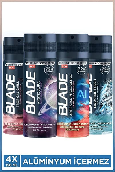 Blade Erkek Deodorant ( Mysaur,Intelligence, Tropical Chill, Mountain Fresh) 4x150 Ml Leke Bırakmaz
