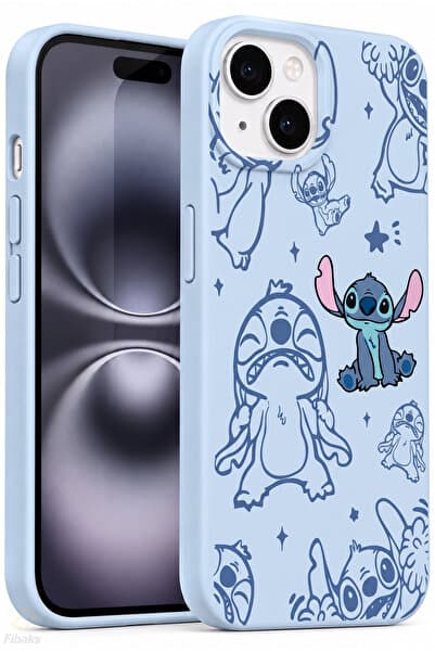 Fibaks iPhone 13/14/15 Kılıf Stitch Desenli Bebe Mavi Kadifemsi Soft Touch Silikon Telefon Kılıfı | Kamera Korumalı, Darbe Emici Premium Kapak