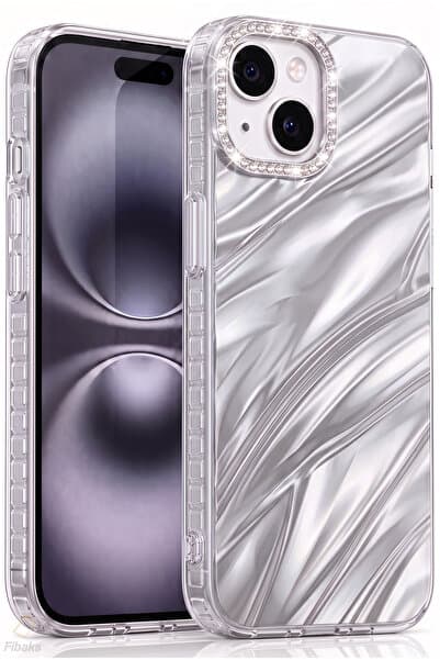 Fibaks iPhone 13 / 14 / 15 Kılıf Taşlı Parlak Dalga Desenli Kamera Çerçeveli Darbe Emici Korumalı Silikon Gümüş