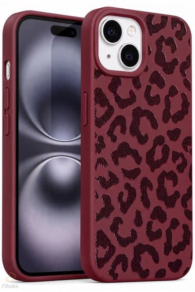 Fibaks iPhone 13/14/15 Kılıf Bordo Leopar Desenli Darbe Emici Kamera Korumalı Yumuşak Silikon