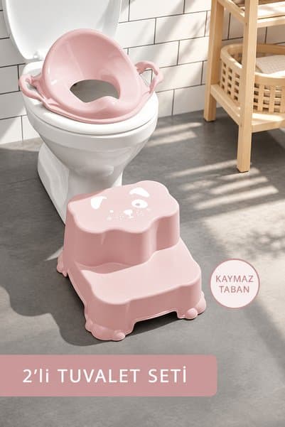 Meleni Baby Çocuklar Için Tuvalet Eğitim Seti- Kaydırmaz Katlı Basamak Ve Kulplu Klozet Adaptörü Pembe