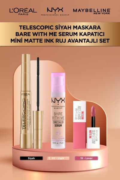 L'Oreal Paris Telescopic Gold Maskara + Bare With Me Kapatıcı 02 + Matte Ink Mini Ruj 15