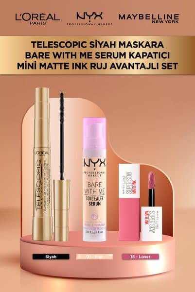 L'Oreal Paris Telescopic Gold Maskara & Bare With Me 01 Kapatıcı Makyaj Seti & Matte Ink 15 Mini