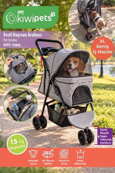Tiny Kiwipets KPPC-10866 XL Geniş Hacimli Evcil Hayvan Arabası | 15 kg Taşıma Kapasitesi & Katlanabilir & Frenli