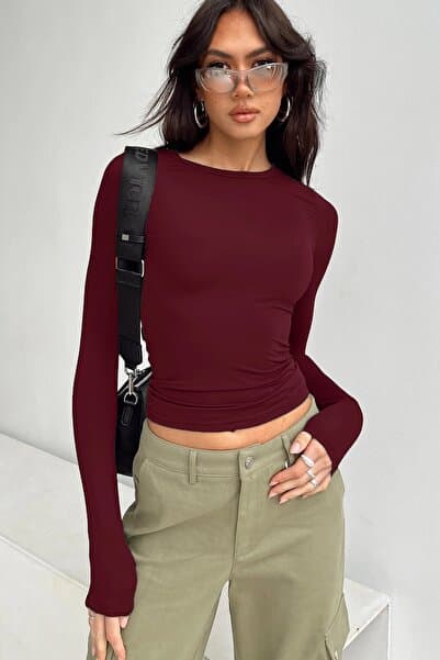 World Fashion Trends Bordo Bisiklet Yaka Basic Uzun Kollu Body