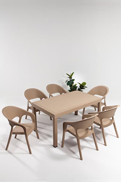 MOBETTO Garden Large 90x150cm Rattan Cappucino Masa Takımı Bahçe&balkon - 1 Masa 6 Sandalye